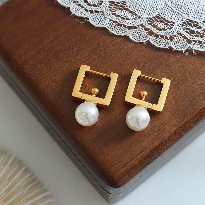 French Style Square Stainless Steel Drop Earrings Inlay Artificial Pearls Stainless Steel  Earrings