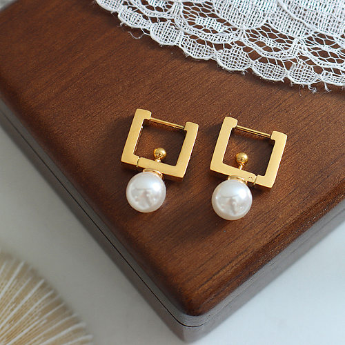 Pendientes colgantes cuadrados de acero inoxidable de estilo francés con incrustaciones de perlas artificiales Pendientes de acero inoxidable