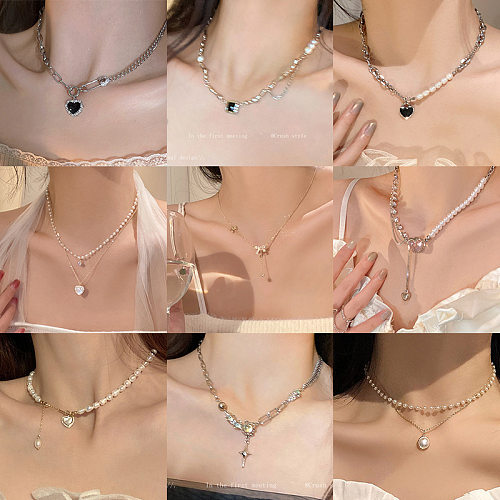 Fashion Heart Shape Stainless Steel Beaded Zircon Layered Necklaces 1 Piece