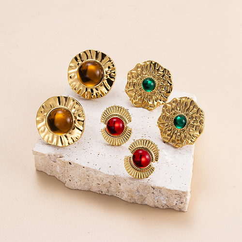Retro Irregular Stainless Steel  Plating Inlay Artificial Gemstones 18K Gold Plated Ear Studs