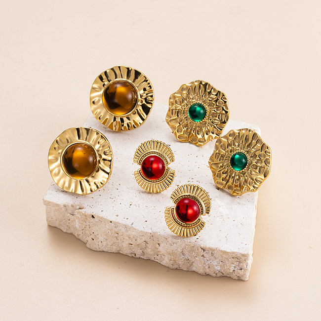Pedras preciosas artificiais retrô irregulares, embutimento de aço inoxidável, banhado a ouro 18K, brincos de orelha