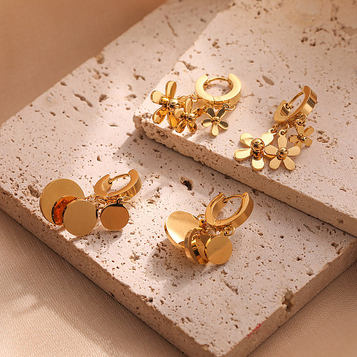 1 paire de boucles d'oreilles pendantes en acier inoxydable plaqué or 18 carats, Style Simple, plaqué fleur