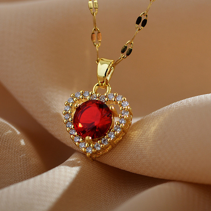 Elegant Lady Heart Shape Stainless Steel Copper Inlay Zircon Pendant Necklace