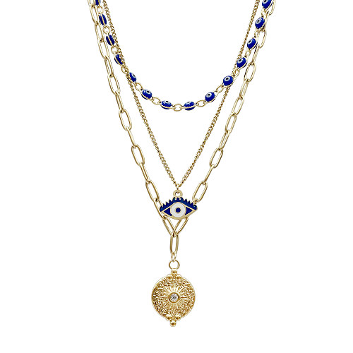 Artistic Sun Eye Stainless Steel  Enamel Plating Inlay Zircon Gold Plated Layered Necklaces