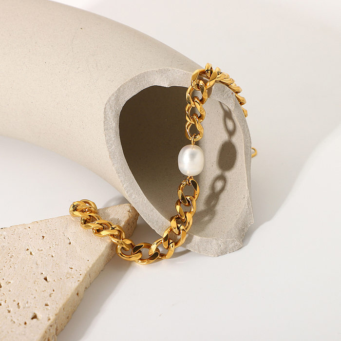 Fashion New Stainless Steel Cuban Chain Pearl Bracelet