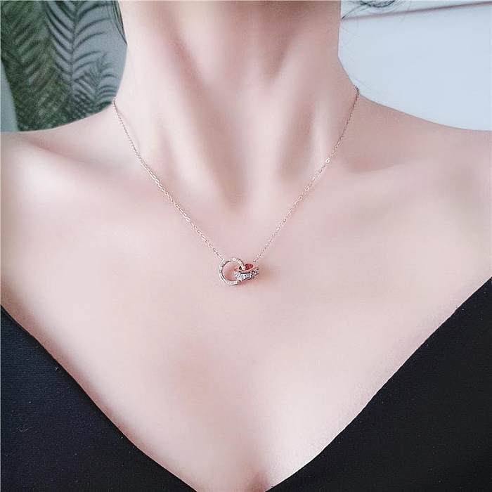 Korean Style Round Number Stainless Steel Plating Inlay Zircon 18K Gold Plated Pendant Necklace