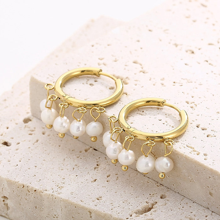 1 par de pendientes colgantes de acero inoxidable chapados en perlas redondas estilo francés estilo Vintage
