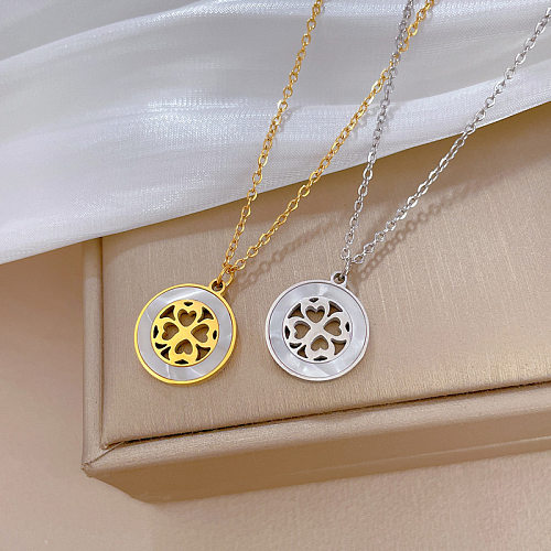 Simple Style Streetwear Round Stainless Steel Inlay Shell Pendant Necklace