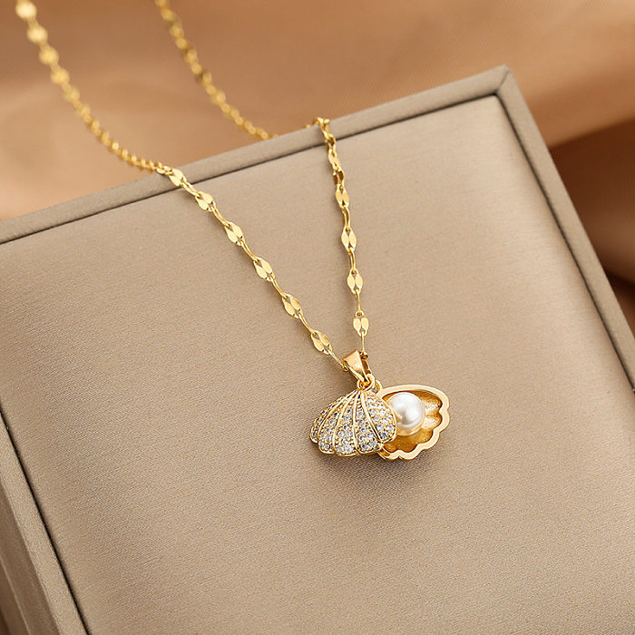 Fashion Simple Style Shell Stainless Steel Diamond Artificial Pearls Zircon Necklace