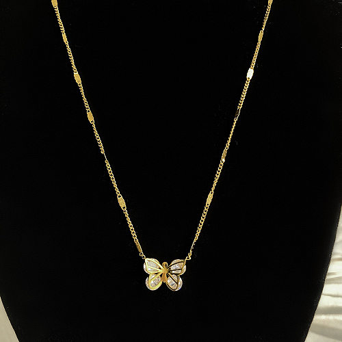 Collar de diamantes de imitación con incrustaciones de revestimiento de acero inoxidable de mariposa de estilo simple y dulce
