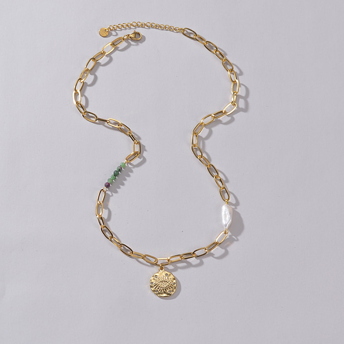 IG Style Casual Eye Edelstahl-Perlenüberzug-Inlay-Zirkon-14-Karat-vergoldete Anhänger-Halskette