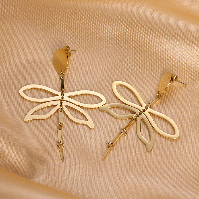 1 par de elegantes pendientes colgantes chapados en oro de acero inoxidable con diseño de libélula de estilo moderno para vacaciones