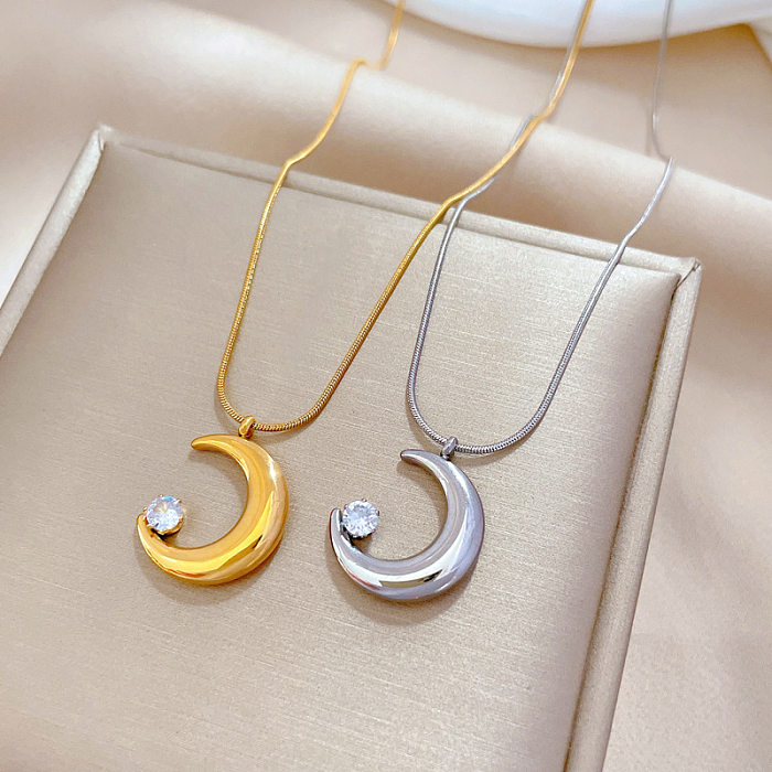 Elegant Moon Stainless Steel Plating Inlay Zircon Pendant Necklace