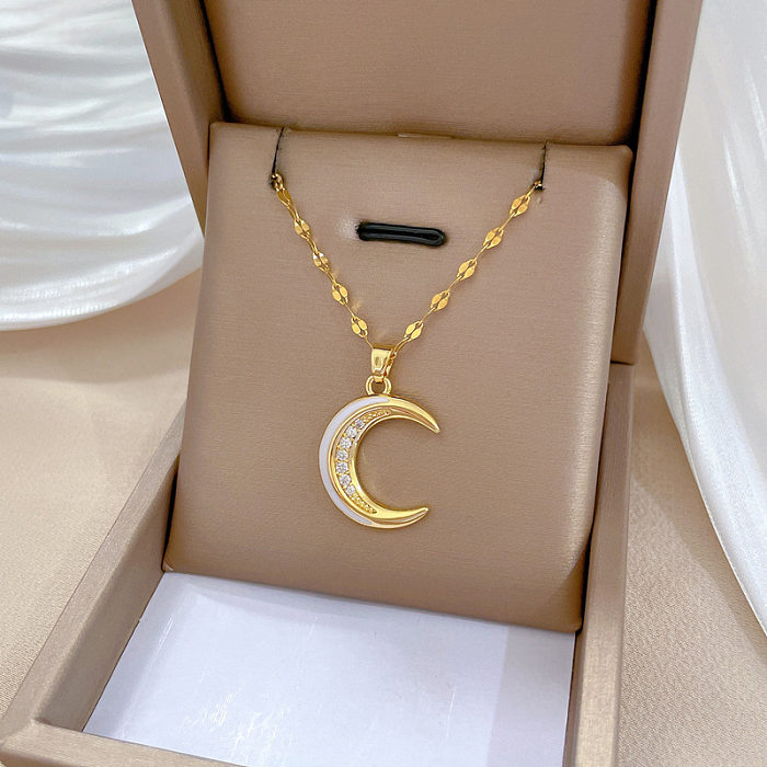 Simple Style Moon Stainless Steel  Copper Inlay Zircon Pendant Necklace