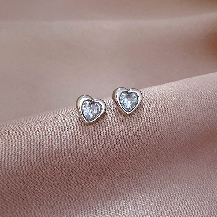 1 Pair Simple Style Heart Shape Stainless Steel Inlay Zircon Ear Studs