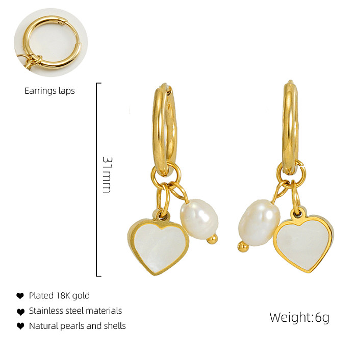 1 Pair Fashion Heart Shape Stainless Steel  Pearl Plating Inlay Shell Drop Earrings