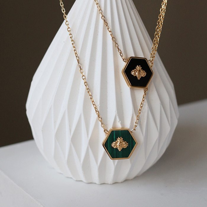 Little Bee Hexagon Green Stripe Retro Black Stainless Steel 18K Gold Plated Necklace