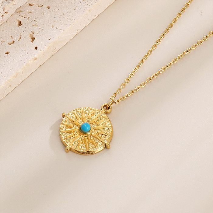 Commute Round Stainless Steel  Plating Inlay Turquoise 18K Gold Plated Pendant Necklace