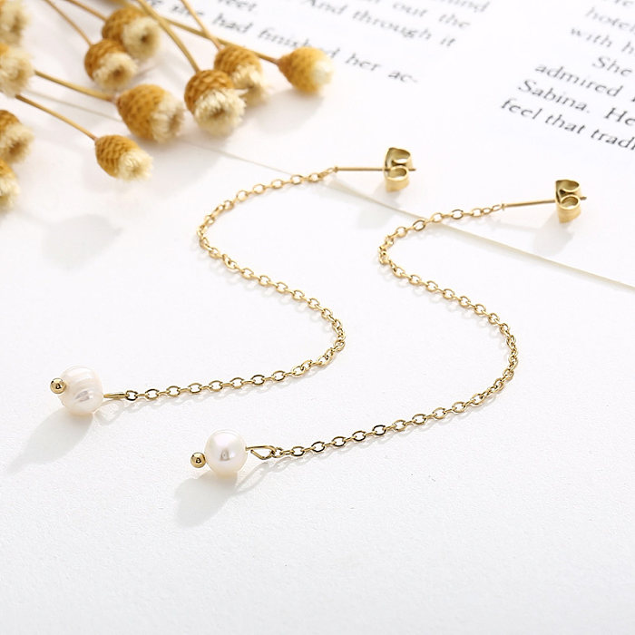 1 paire de boucles d'oreilles pendantes en acier inoxydable, Style moderne Simple, chaîne de couleur unie, perles