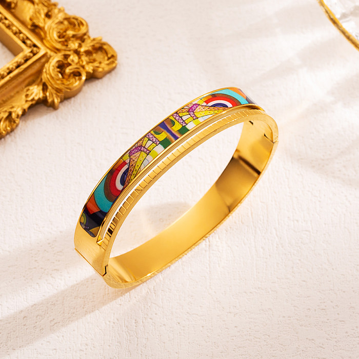 INS Style Ethnic Style Printing Stainless Steel Enamel Plating 18K Gold Plated Bangle