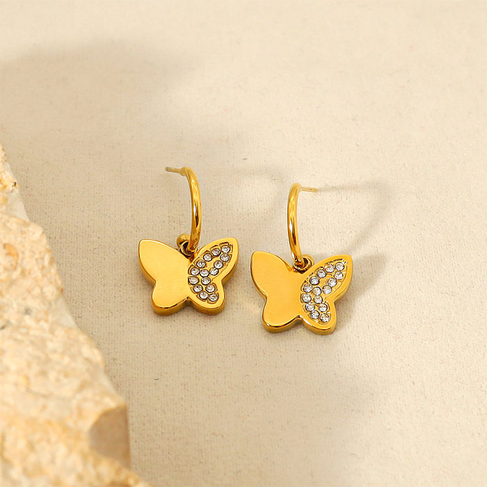1 Pair IG Style French Style Classic Style Butterfly Plating Inlay Stainless Steel  Stainless Steel Zircon 18K Gold Plated Drop Earrings