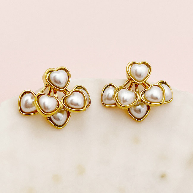 1 par de pendientes chapados en forma de corazón de estilo romano de estilo Vintage con incrustaciones de acero inoxidable con perlas artificiales chapadas en oro