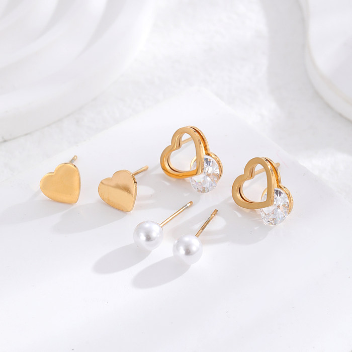 3 pares de brincos redondos em formato de coração, estilo simples, borboleta, incrustação de aço inoxidável, zircão, banhado a ouro 24K, brincos