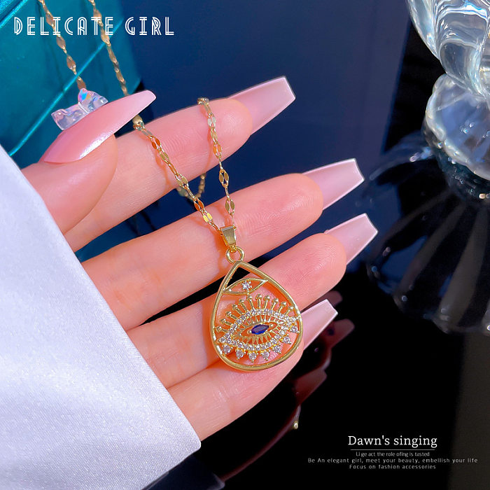 Ethnic Style Water Droplets Eye Stainless Steel Copper Plating Hollow Out Inlay Zircon Pendant Necklace