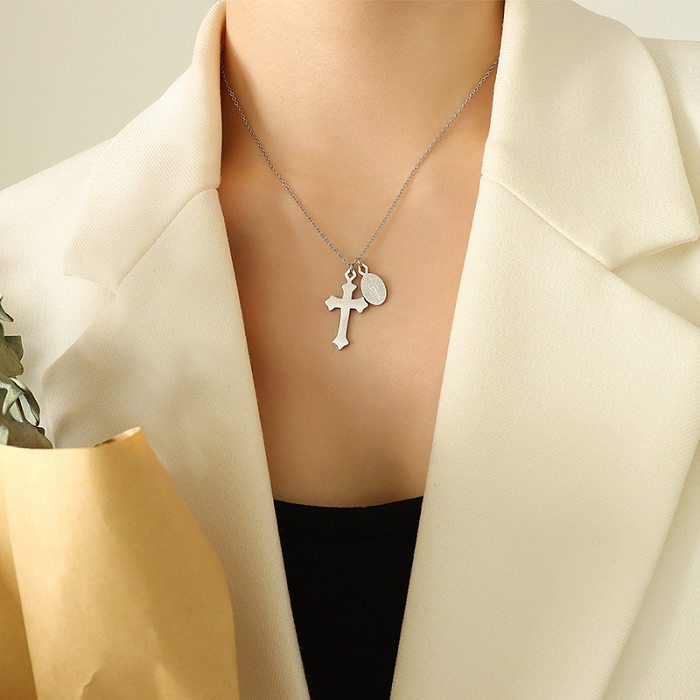 Retro Trendy Cross Godfather Oval Pendant Stainless Steel Necklace