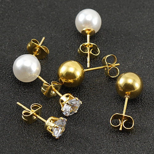 Elegante geometrische Edelstahl-Inlay-künstliche Perlen-Zirkon-Ohrstecker, 1 Paar