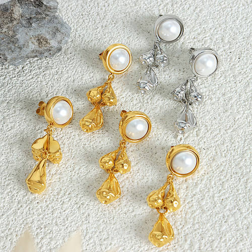 1 par de elegantes pendientes redondos chapados en oro de 18 quilates con incrustaciones de perlas artificiales de acero inoxidable