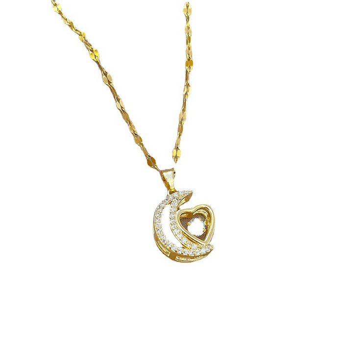 Collier pendentif en forme de cœur et de lune, en acier inoxydable, incrustation de cuivre, pierres précieuses artificielles, à la mode
