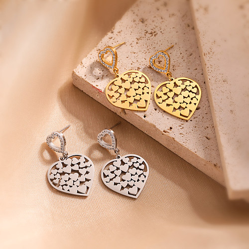 1 Pair Vintage Style Simple Style Heart Shape Plating Hollow Out Inlay Stainless Steel Zircon 18K Gold Plated Drop Earrings