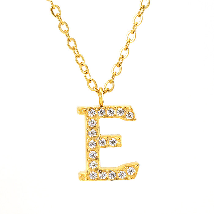 Lässige Pendel-Halskette mit Buchstaben-Anhänger, Edelstahl-Beschichtung, Intarsien, Strasssteinen, 18 Karat vergoldet
