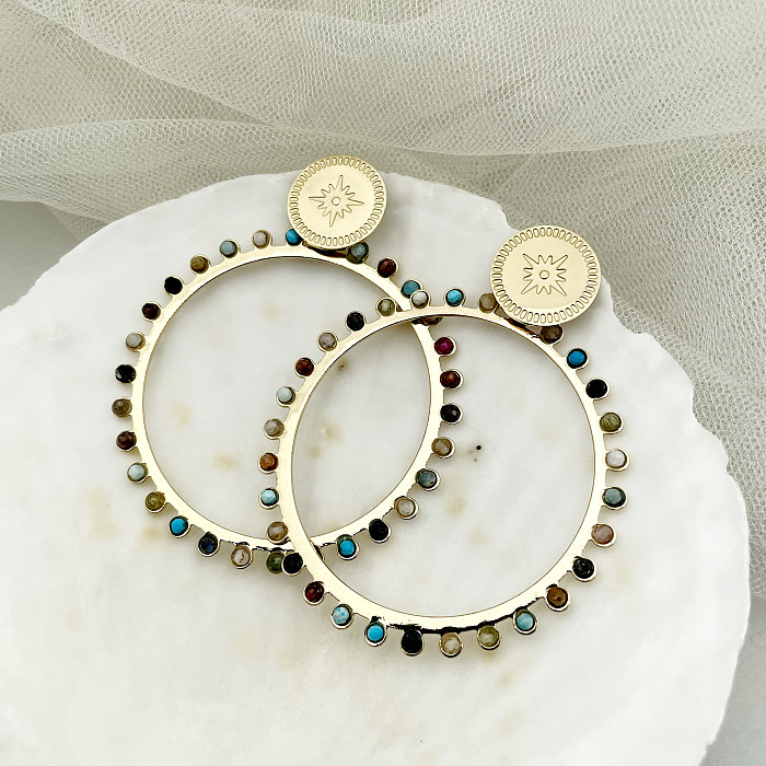 1 Pair Vintage Style Circle Stainless Steel  Inlay Natural Stone 14K Gold Plated Drop Earrings