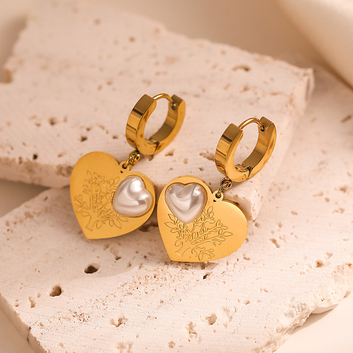 1 Pair Simple Style Commute Tree Heart Shape Plating Inlay Stainless Steel Artificial Pearls Zircon 18K Gold Plated Drop Earrings