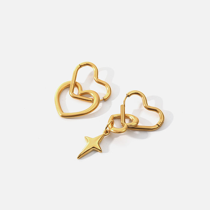 Pendientes colgantes chapados en oro de 1K, de acero inoxidable, con forma de corazón y estrella, estilo dulce y sencillo, 18 par
