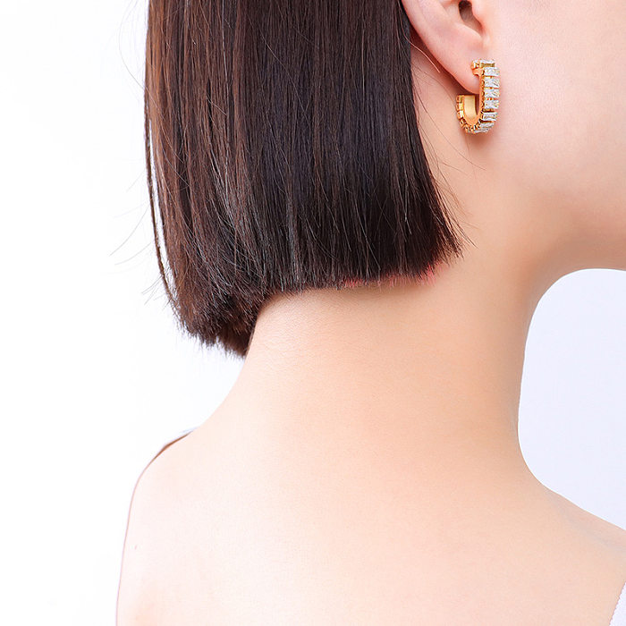 Brincos de diamante completos de zircão em forma de U personalizados joias de orelha de aço inoxidável