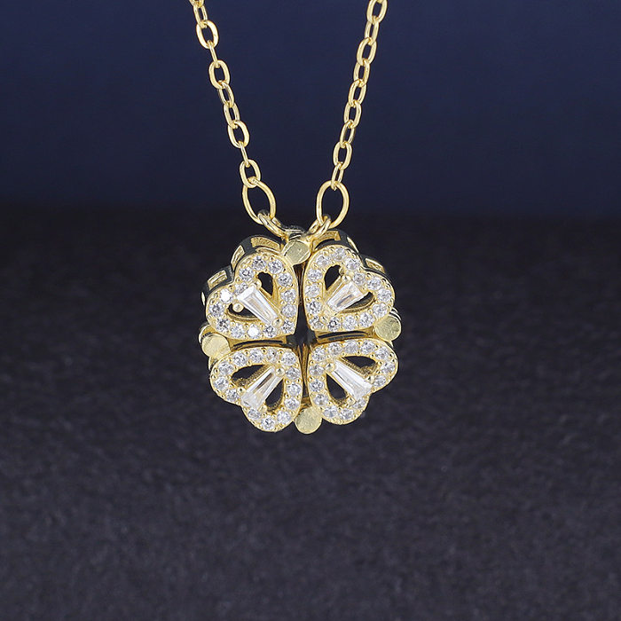 Collier avec pendentif en forme de cœur, trèfle à quatre feuilles, incrustation en acier inoxydable, diamant artificiel
