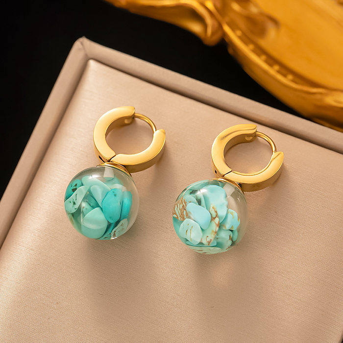 1 paire de boucles d'oreilles pendantes plaquées or 18 carats, Style ethnique, incrustation géométrique en acier inoxydable, pierre naturelle