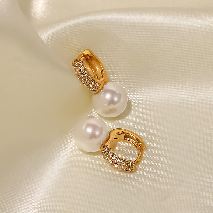 Boucles d'oreilles circulaires en acier inoxydable, Style Simple, incrustation de perles et de Zircon, 1 paire