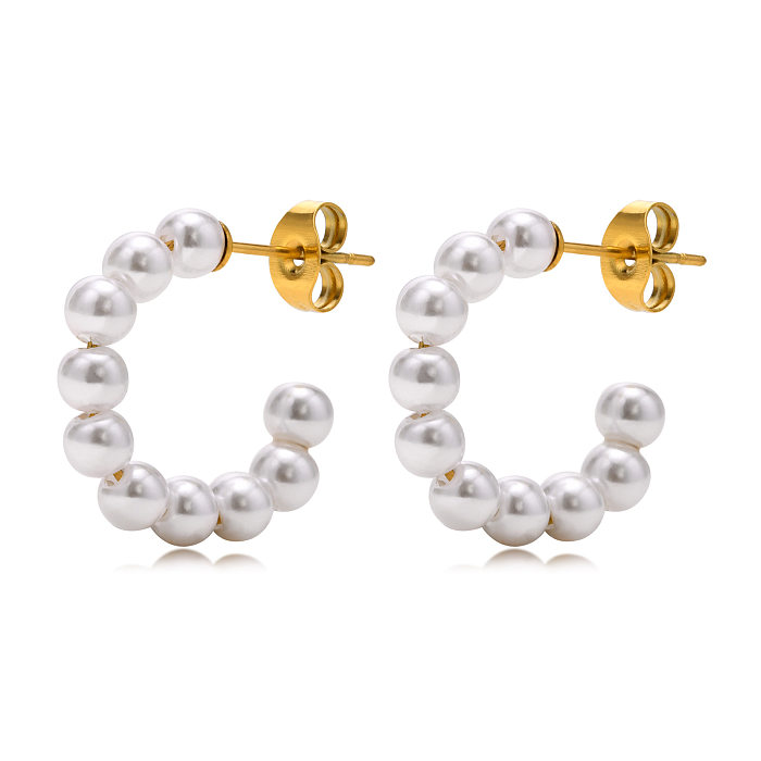Fashion C Shape Stainless Steel  Pearl Ear Studs 1 Pair