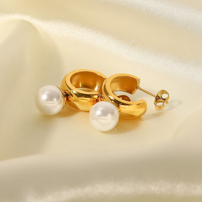 Fashion C Shape Stainless Steel  Ear Studs Gold Plated Inlay Pearl Stainless Steel  Earrings