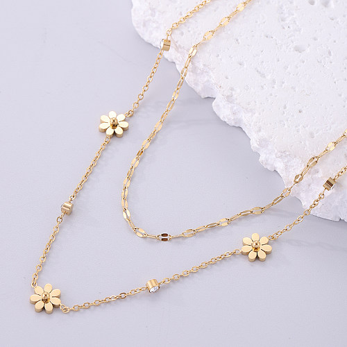 Fashion Flower Stainless Steel  Plating Inlay Zircon 18K Gold Plated Double Layer Necklaces
