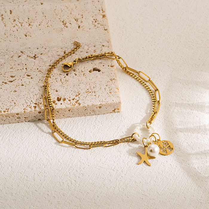 Pulseiras casuais estilo moderno árvore estrela do mar âncora aço inoxidável imitação de pérola em camadas banhadas a ouro