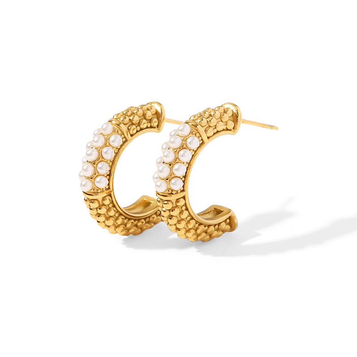 Modische C-förmige Ohrstecker aus Edelstahl mit Perlen, 1 Paar