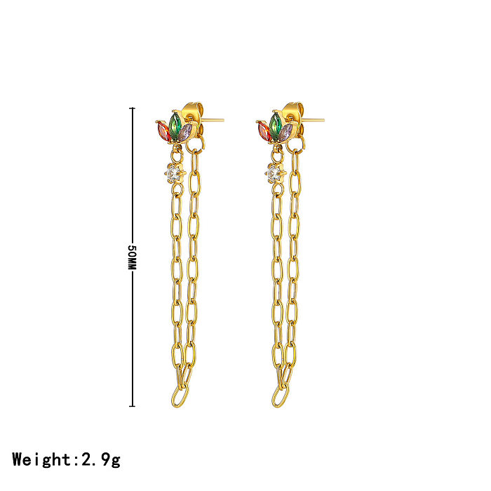 1 Pair Sweet Shamrock Flower Tassel Inlay Stainless Steel  Zircon White Gold Plated Gold Plated Drop Earrings