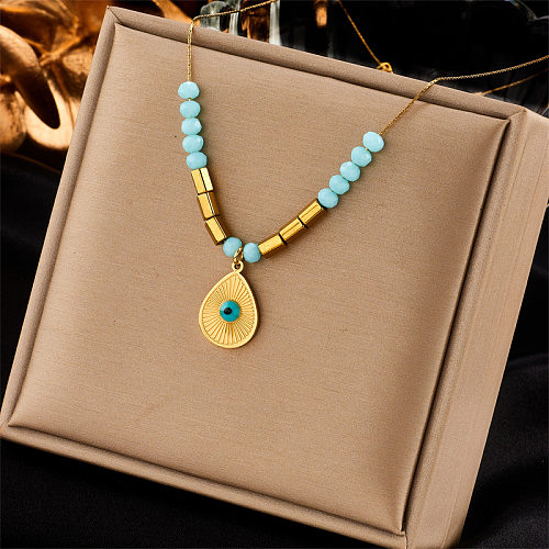 Casual Water Droplets Eye Stainless Steel Beaded Enamel Plating 18K Gold Plated Pendant Necklace