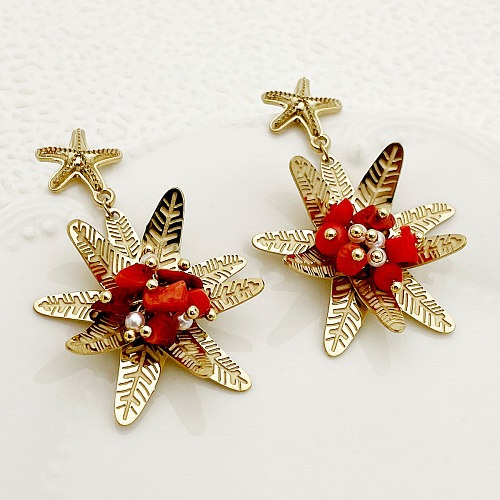 1 Paar klassische Seestern-Blumenplattierung, Edelstahl-Stein, vergoldete Ohrhänger