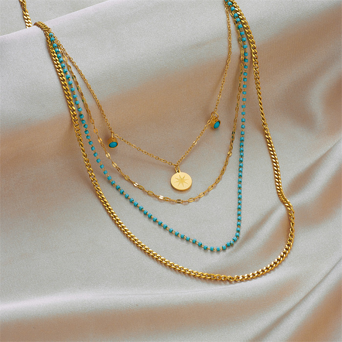 Retro Round Stainless Steel Beaded Gold Plated Inlay Turquoise Layered Necklaces 1 Piece